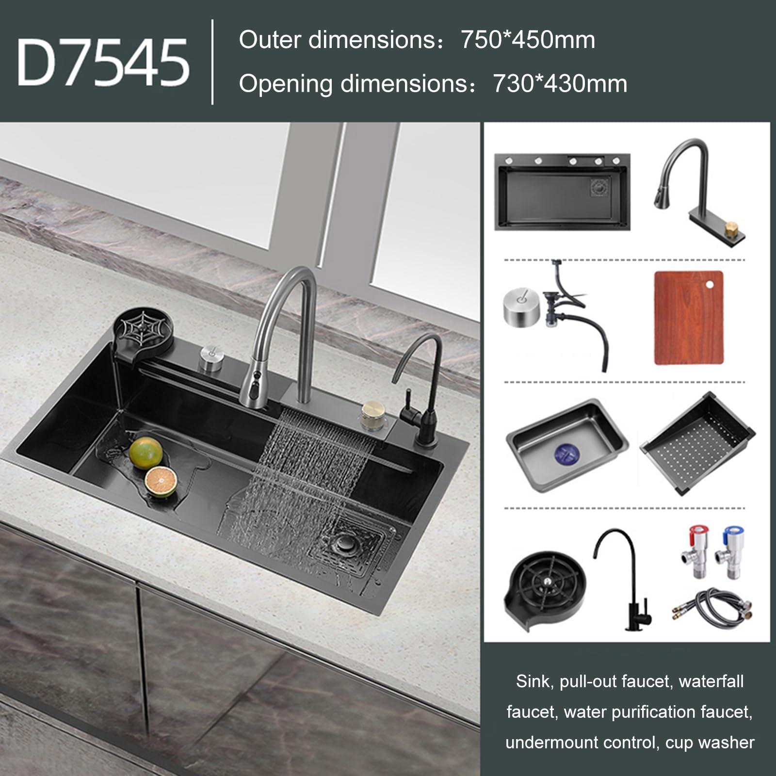Lavello da Cucina,lavello a Cascata in Acciaio Inossidabile 304 Nero,lavello sottotop con Vasca Singola,Rubinetto Estraibile Flying Rain,Lavatrice e lavabo,per Una Lavanderia Moder
