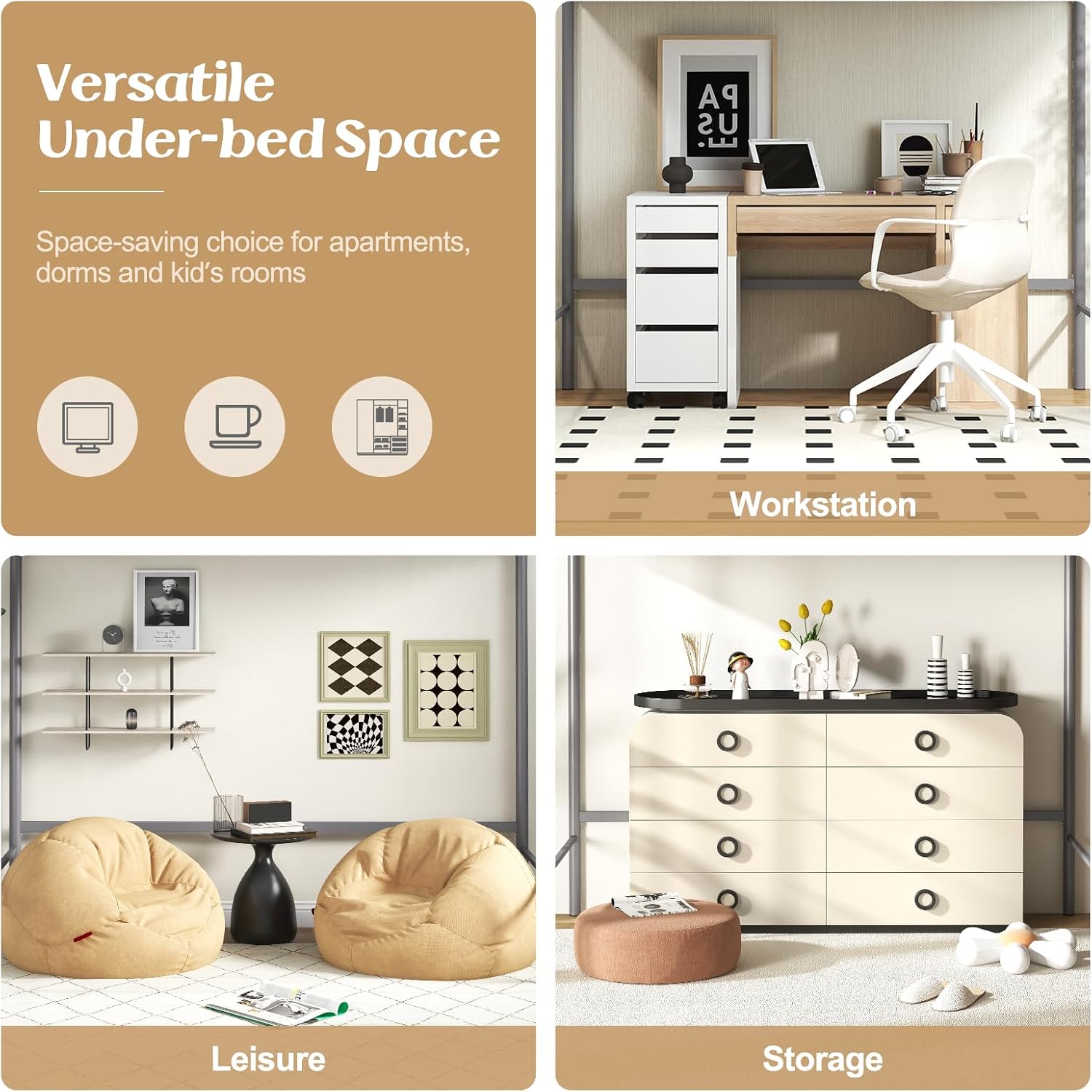 Examples of versatile under-bed space usage: workstation, leisure area, storage