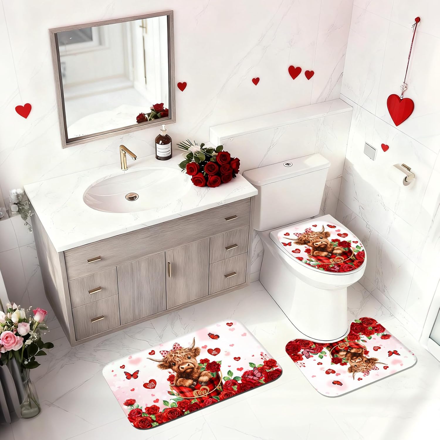Valentines Shower Curtain Set Red Floral Sweet Love Hearts Shower Curtain with Non-Slip Bath Rugs, Toilet Lid Cover Cute Highland Cow Valentines Bathroom Decor Set (Red, 72"W x 72"L (Pack of 1))
