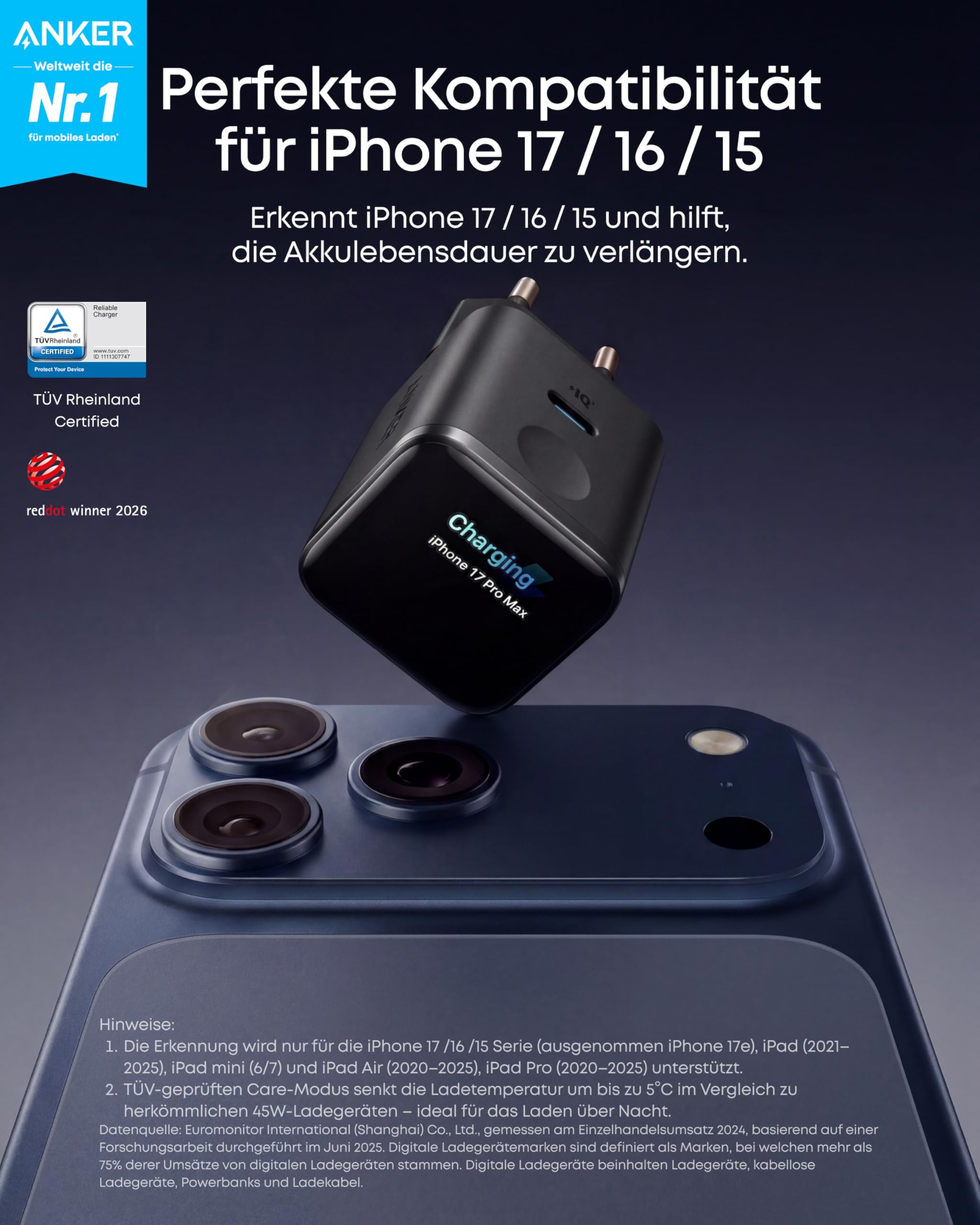 Anker Smart Ladegerät Nano 45W USB C GaN Schnellladegerät mit Display und Schonmodus für iPhone 17/16/15 iPad MacBook