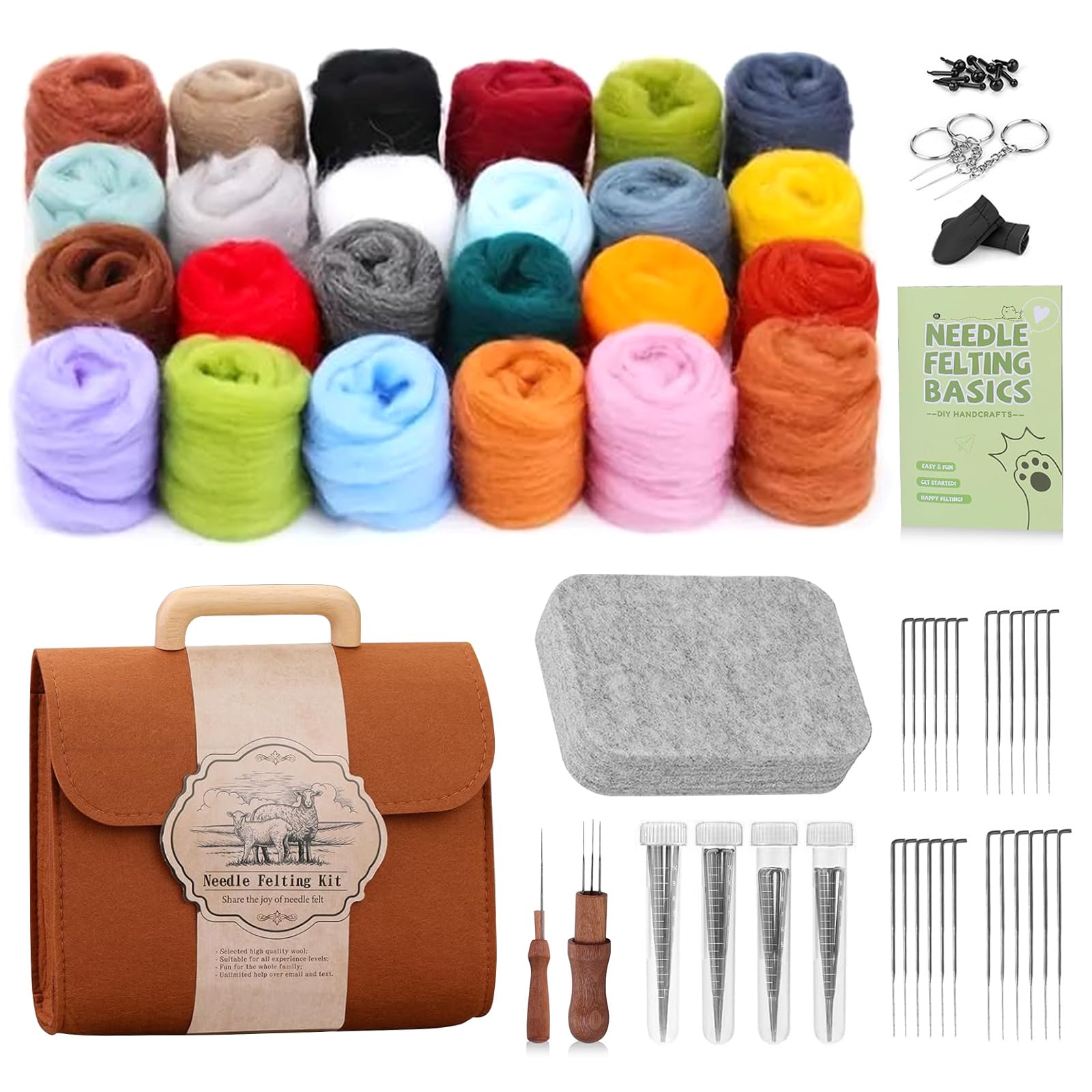 PORFOYO Felting Starter Set, Felting Wool for Dry Felting, 24 Colours, Felt Set for Beginners, Needle Felting Set with Tools, Instructions and Storage, Complete Felt Set for DIY Craft Projects