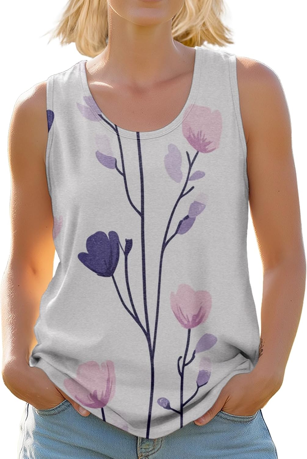 Beach Vacation Shirts for Women Sleeveless Floral Graphic Tees Crewneck Tops Boho Summer Casual Loose Clothes