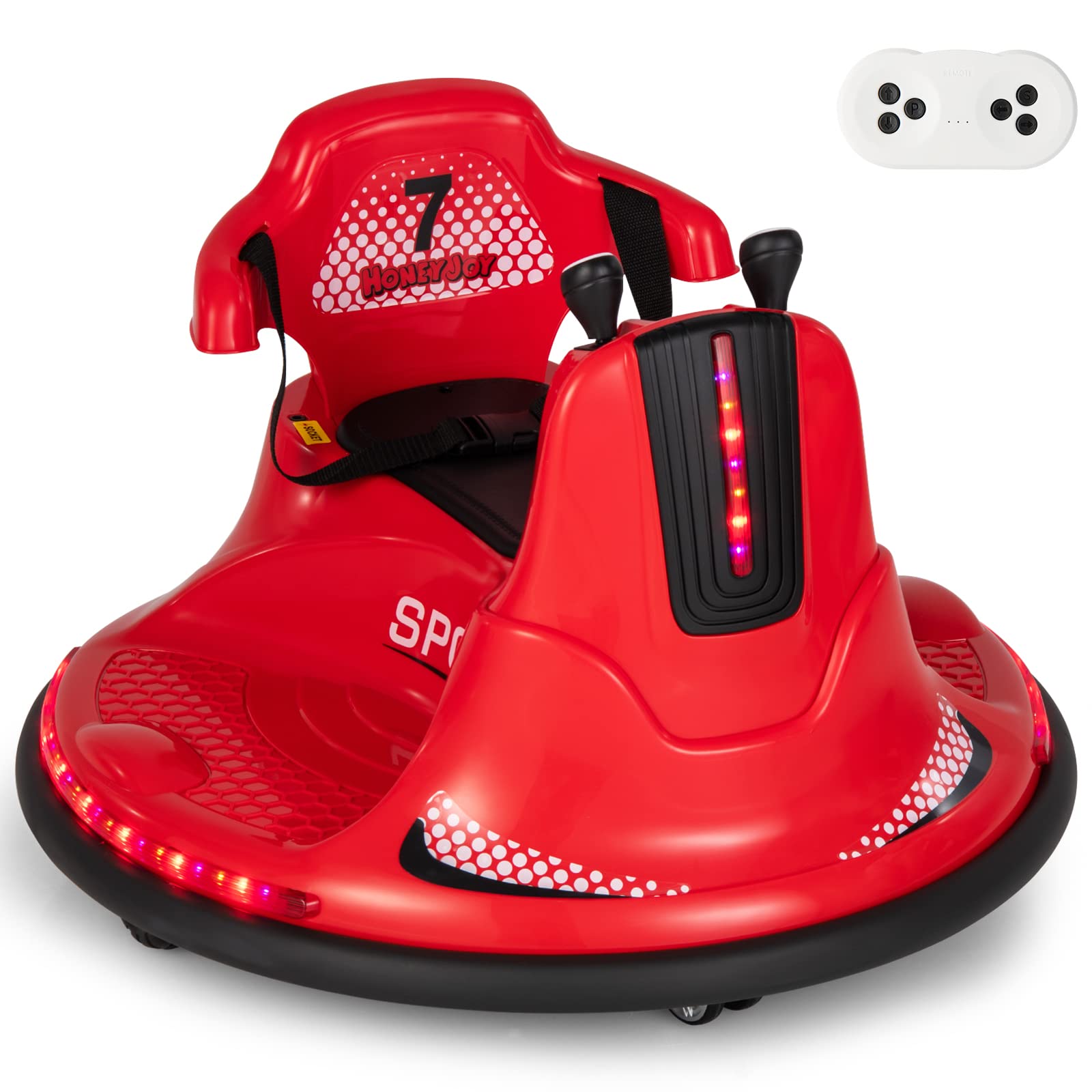 GYMAX 360 Spin Kids Bumper Car, 6V Battery Powered Ride On Toy with Remote Control, Dual Joysticks, LED Lights & Safety Belt, Children Waltzer Car for 3 Years Old + Boys Girls (Red), 66 x 66 x 48 cm