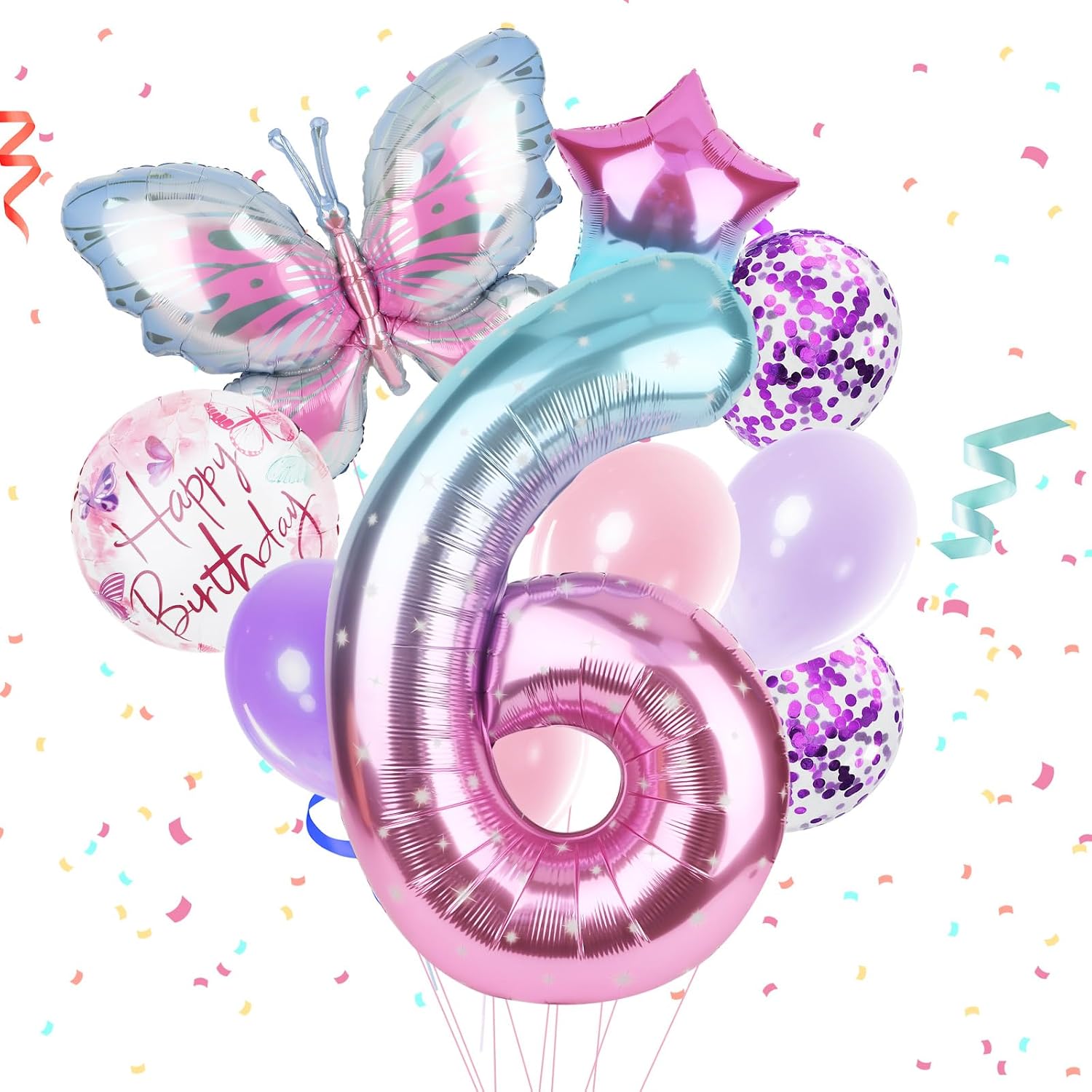 Butterfly Balloons 6th Birthday Decorations Gradient Pink Purple Colorful Butterfly Foil Mylar Balloons Large Big Number 6 Balloons for Girls 6 Years Old Birthday Party Supplies Decor