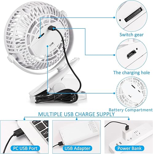 Miniatura 3 de Ventilador de clip portátil, ventilador recargable para cochecito con 3 velocidades y ventilador giratorio de clip USB a batería para asiento de