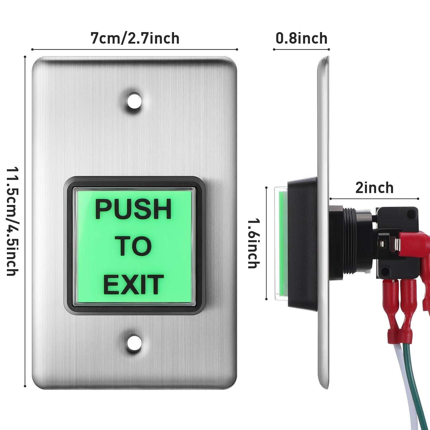 4 Pcs Push to Exit Button Indoor Green Square Request to Exit Button Stainless Steel Wall Plate with Green LED Square