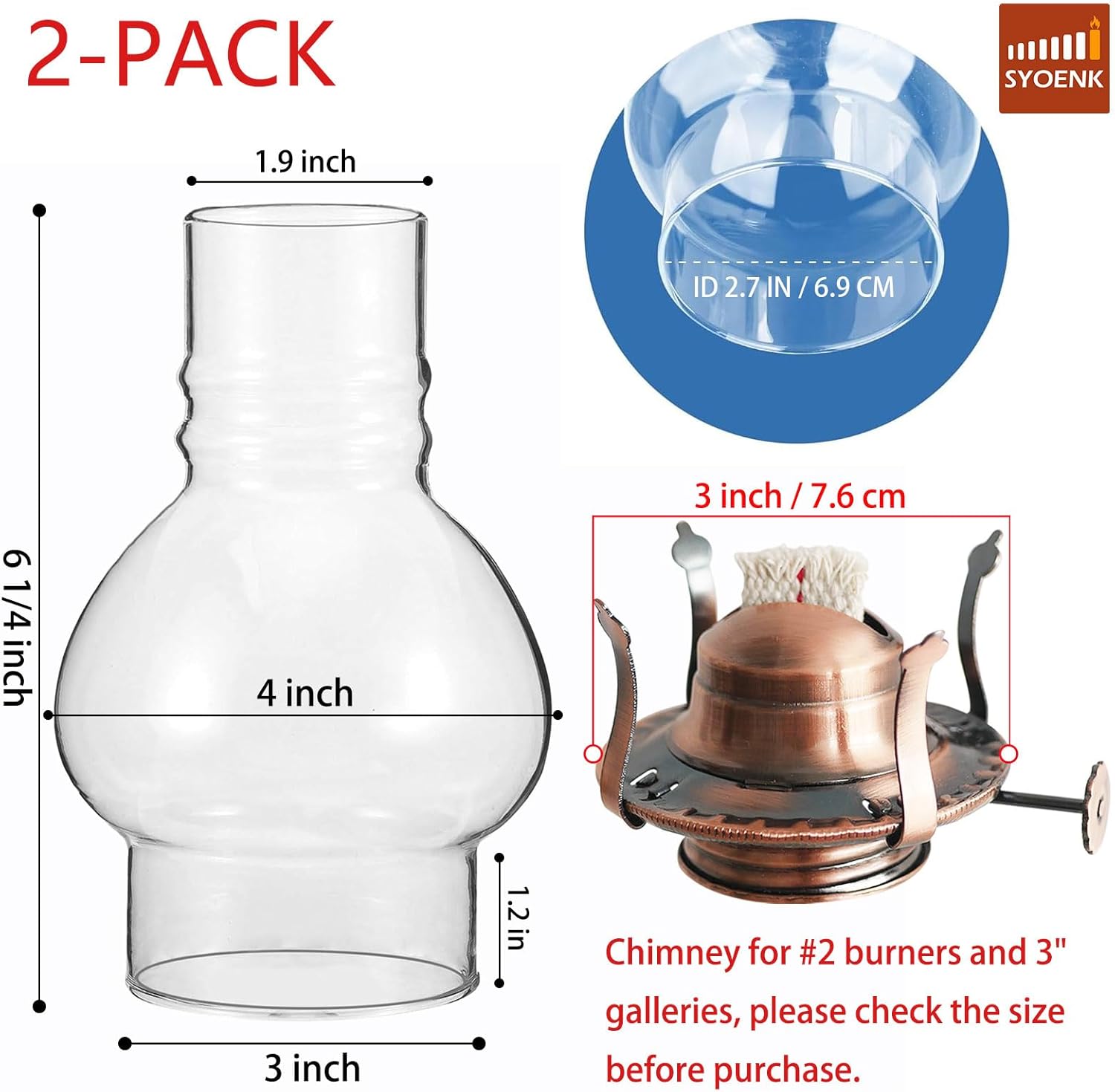 Oil Lamp Chimney Replacement 3 Inch Base by 6 1/4 Inch Tall Glass Shade Clear (2 Pcs)