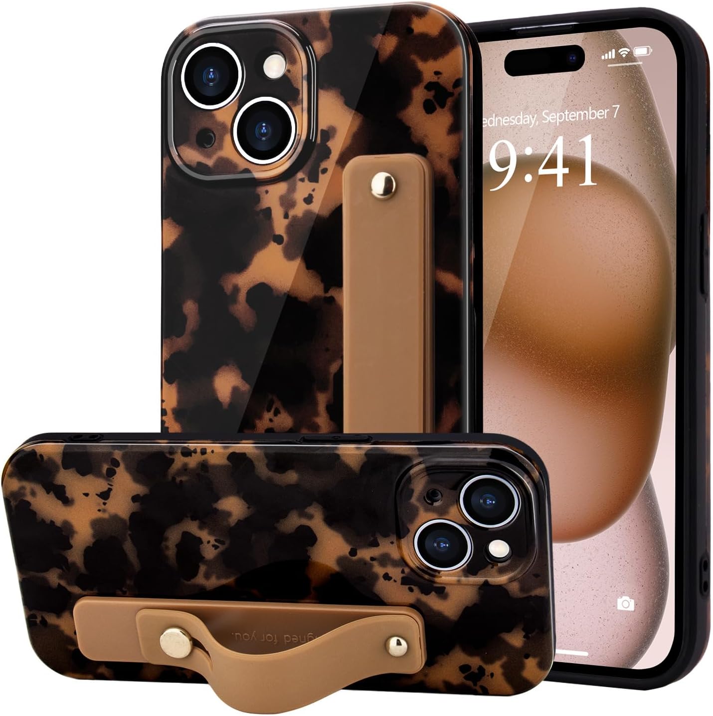 LAPOPNUT for iPhone 14 Case with Wrist Strap, Cheetah Leopard Tortoise Shell Print Shockproof Soft TPU Protective Case for Women Girls, Slim Anti Scratch Case for iPhone 14 6.1 Inch,Brown