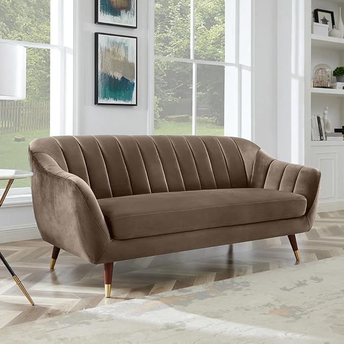 AMATA Marino 3 Seater Sofa Camel Suede Velvet Sofa Set with Two Cushions Perfect for Home Office Guests Living Room (01 Camel, 3 Seater)(3 Year Warranty)