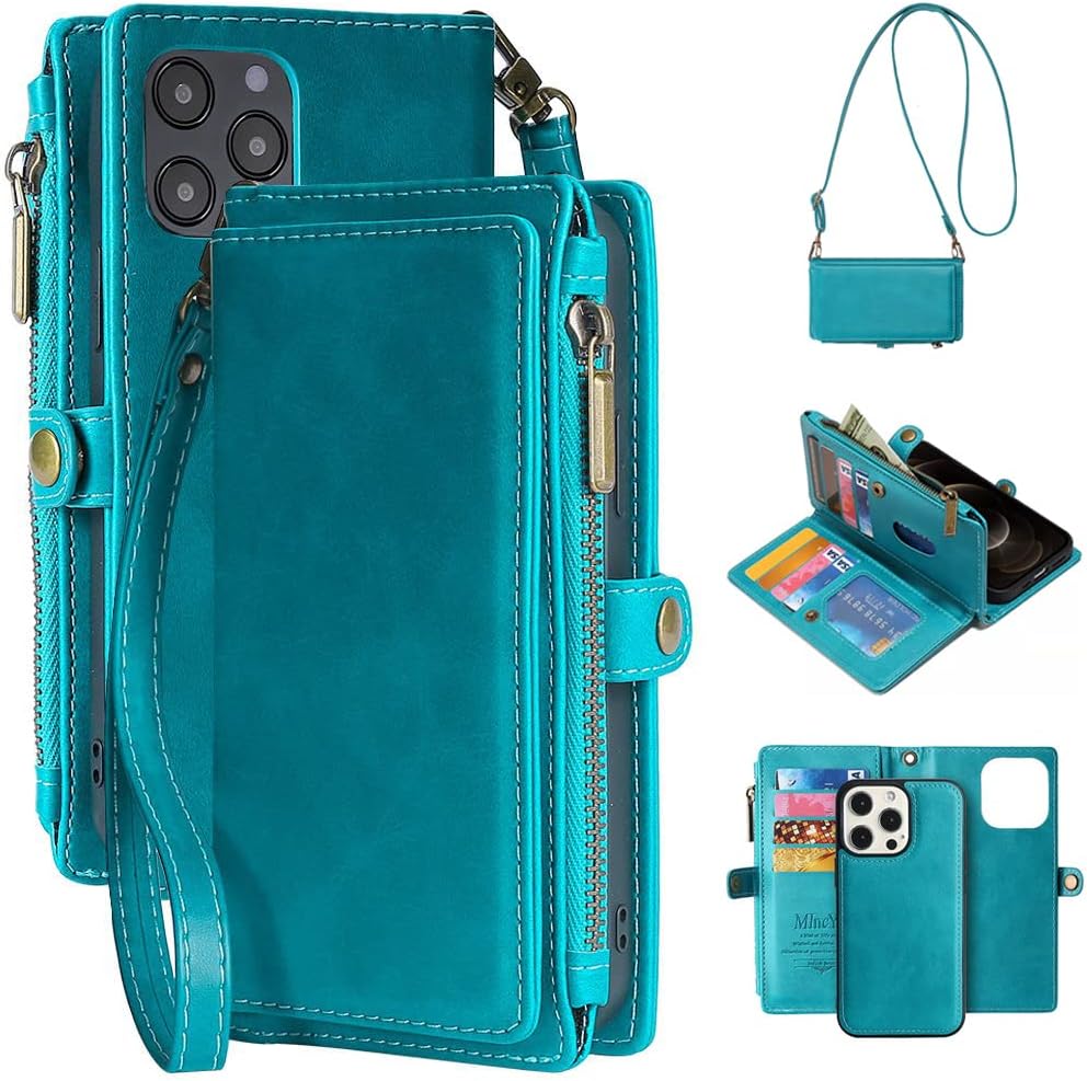 MInCYB Wallet Case Compatible with iPhone 13 Pro Max, Zipper Case with RFID Blocking Card Holder Slot, Magnetic Detachable Zipper Purse with Wristlet Strap, Leather Cover for iPhone 13 Pro Max.