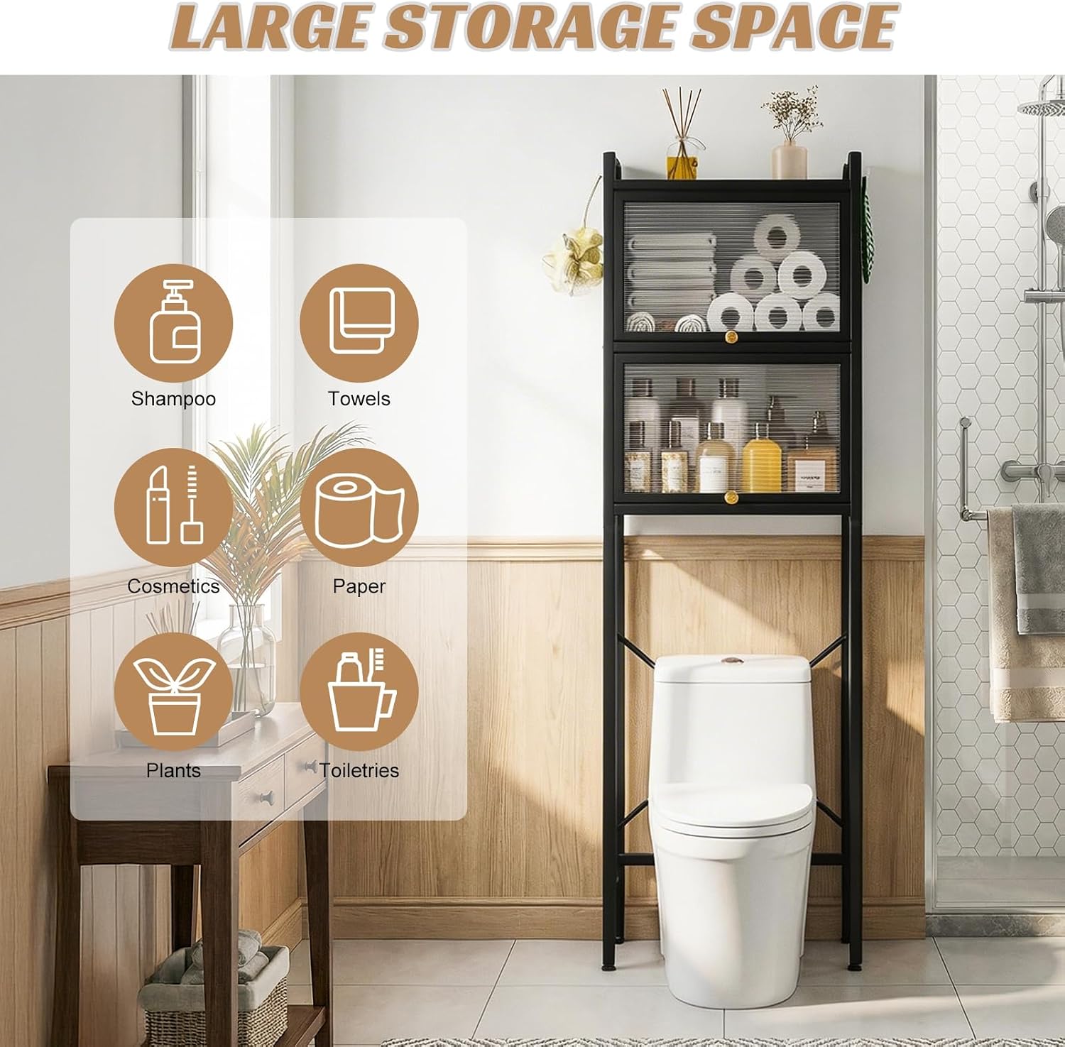 3-Tier Over the Toilet Storage Cabinet with Anti-Tilt Safety System[No Drill Installation], Large Capacity Bathroom Storage Above Toilet with Anti-Slip Rubber Feet, Metal Bathroom Organizer Black 65"