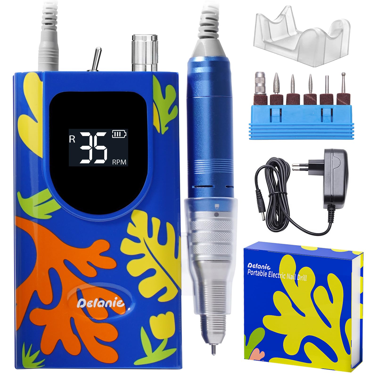 Delanie Professioneller Nagelfräser 35000 U/min, Wiederaufladbarer Fräser für Gelnägel Nagellack, Elektrischer Fräser für Nägel mit 6 Bits, Geeignet für Maniküre & Pediküre - Blau im Matisse-Stil