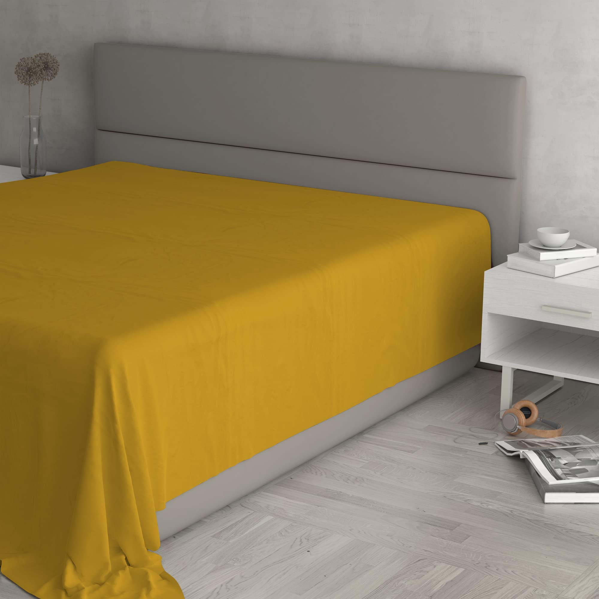 Italian Bed Linen Mustard Max Color Top Sheet, 100% Cotton, Solid Colour, Maxi Double 270 X 300 Cm