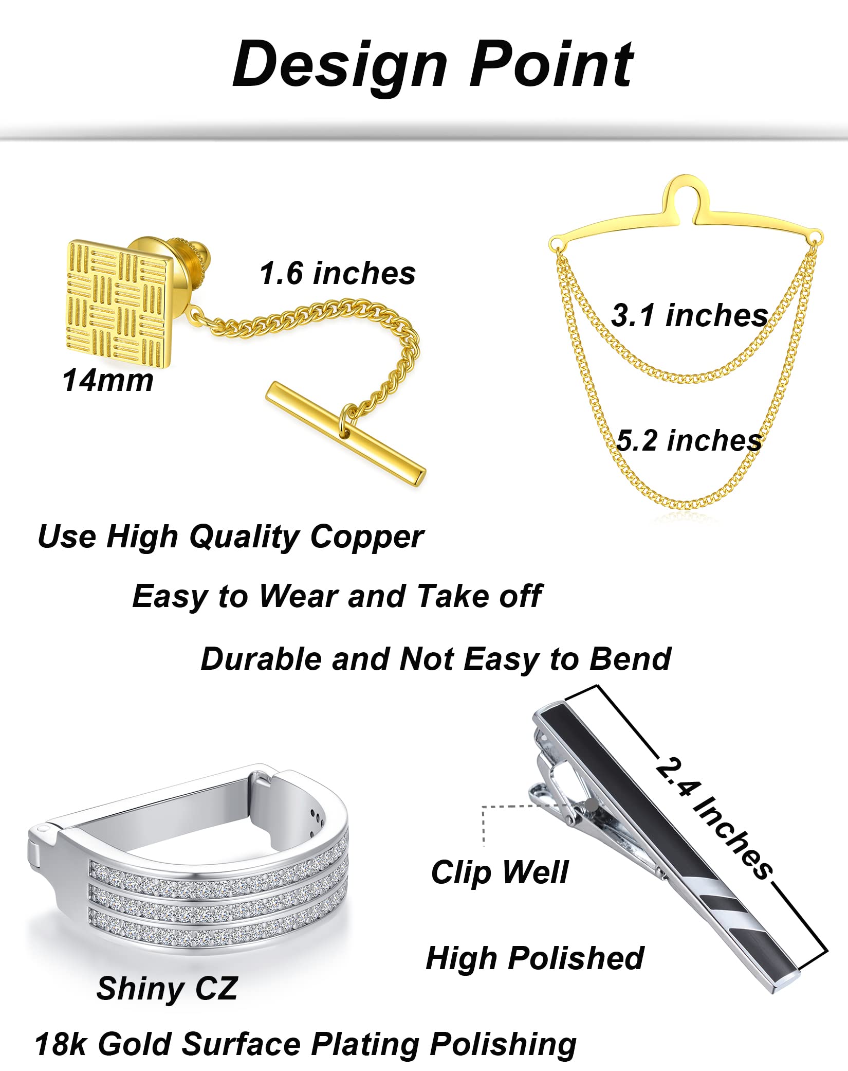 Tornito 9Pcs Tie Clips Tie Ring CZ Tie Tacks Clutch with Chain Necktie Tie Clips Link Chain for Wedding Business Anniversary Silver Black Gold Tie Pin Clips