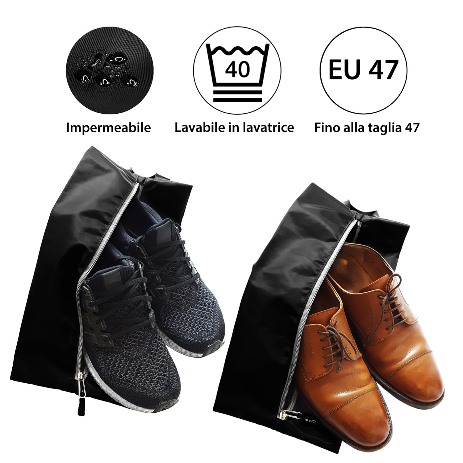 TRAVANDO Set da 2 sacchetti porta scarpe – sacchetti impermeabili per viaggio – sacchetto per scarpe resistente allo sporco, ideale per scarpe da viaggio e vacanze (Nero)