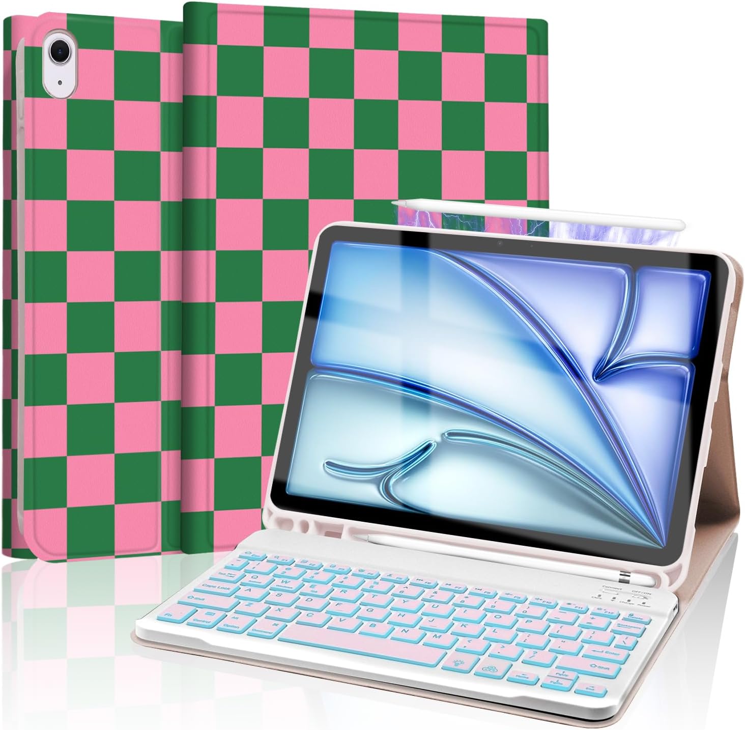 for iPad Air 11-inch (M3/M2-2025/2024) Case with Keyboard, Backlights LED Wireless Keyboard Cover with Pencil Holder for Air 10.9 Inch (5th/4th-2022/2020), Checkered Plaid Blue-White