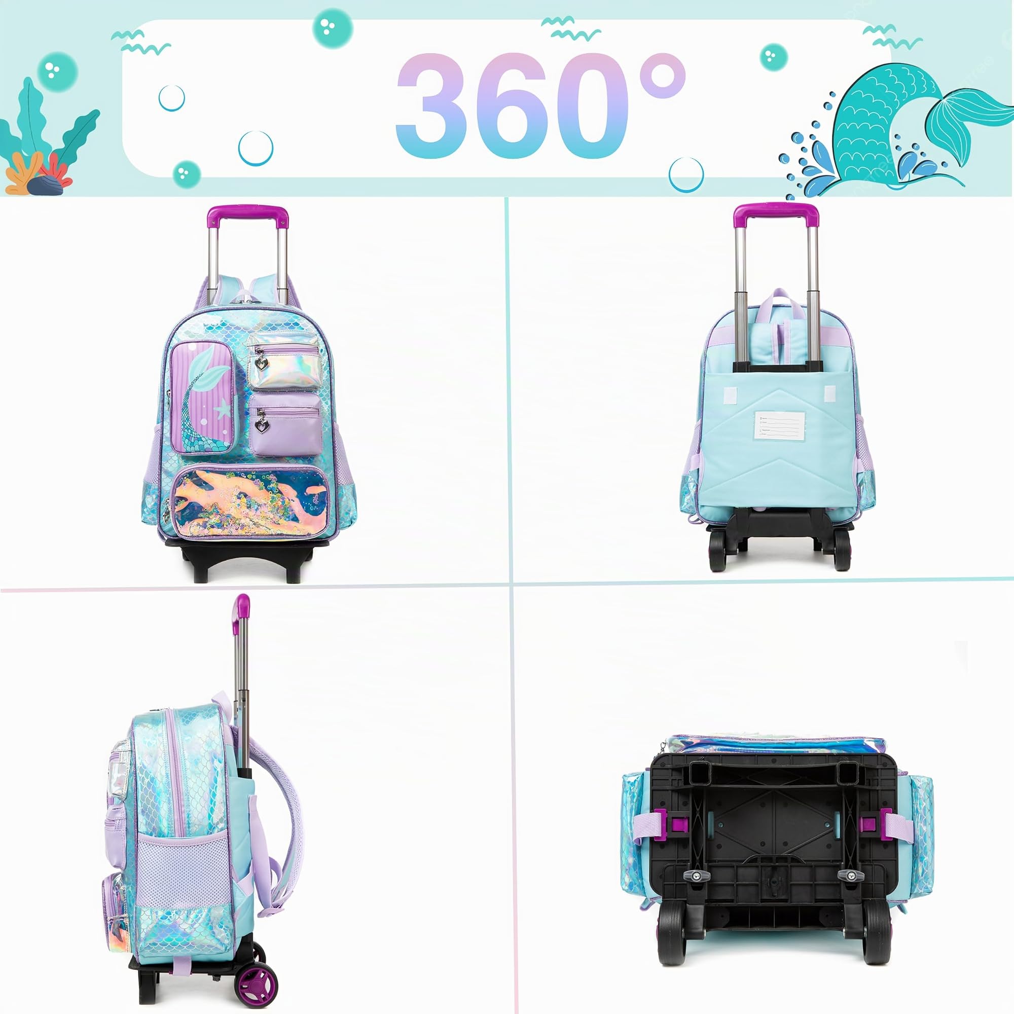 HTgroce Mochila Trolley Sirena para Niña Infantil con Ruedas para Escuela Educación Preescolar Escuela Primaria y Viajes