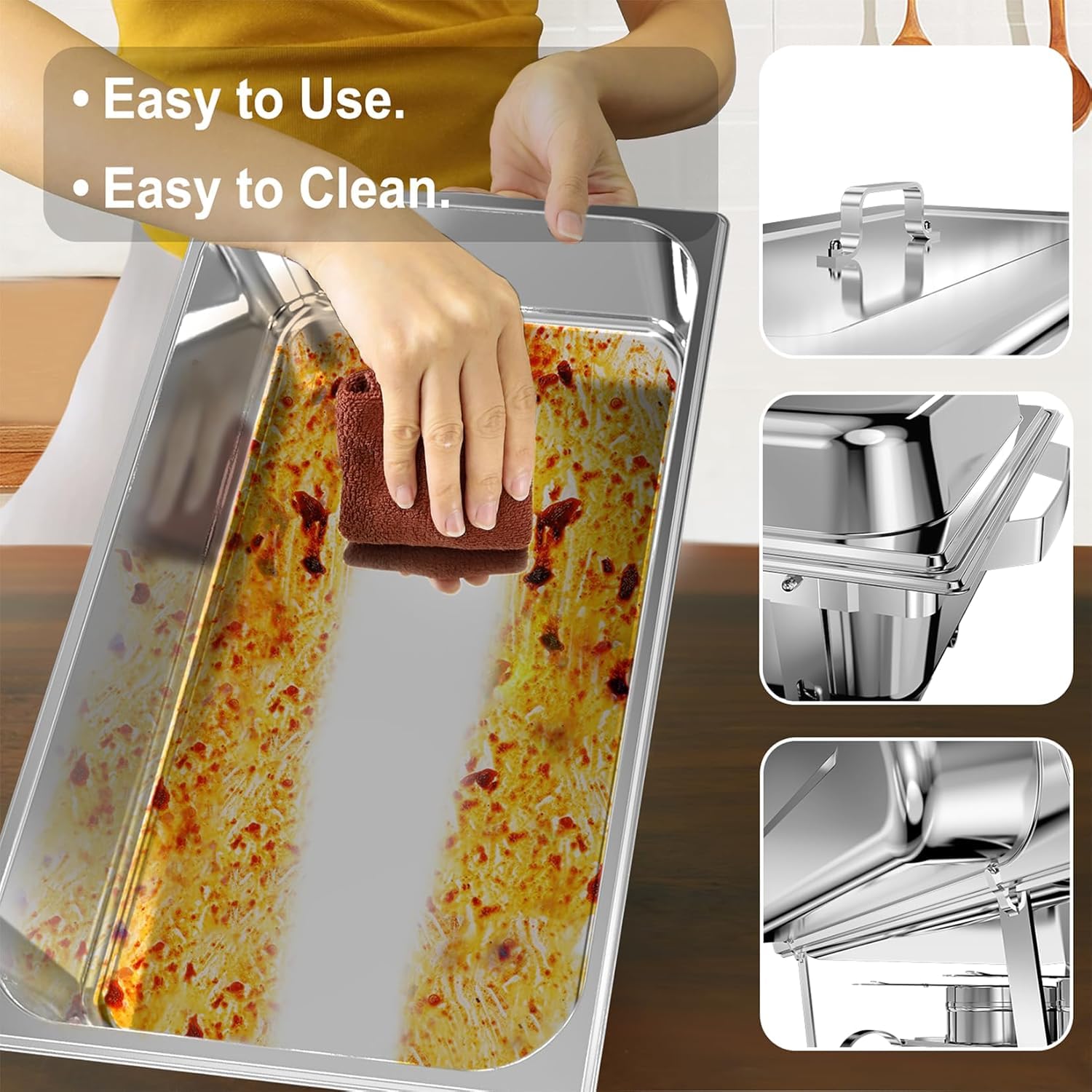 Paquete de 2 platos de 9 L para bufé, catering, calentador de alimentos, sartén fría y caliente con soporte para tapa, juego de platos de cena de acero inoxidable grueso, servidor de buffet para