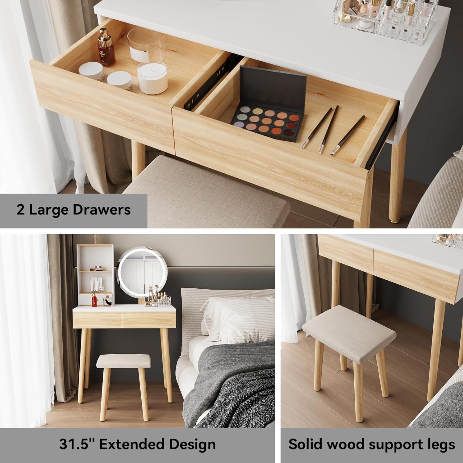 Close-up of vanity desk showing two large drawers and solid wood support legs