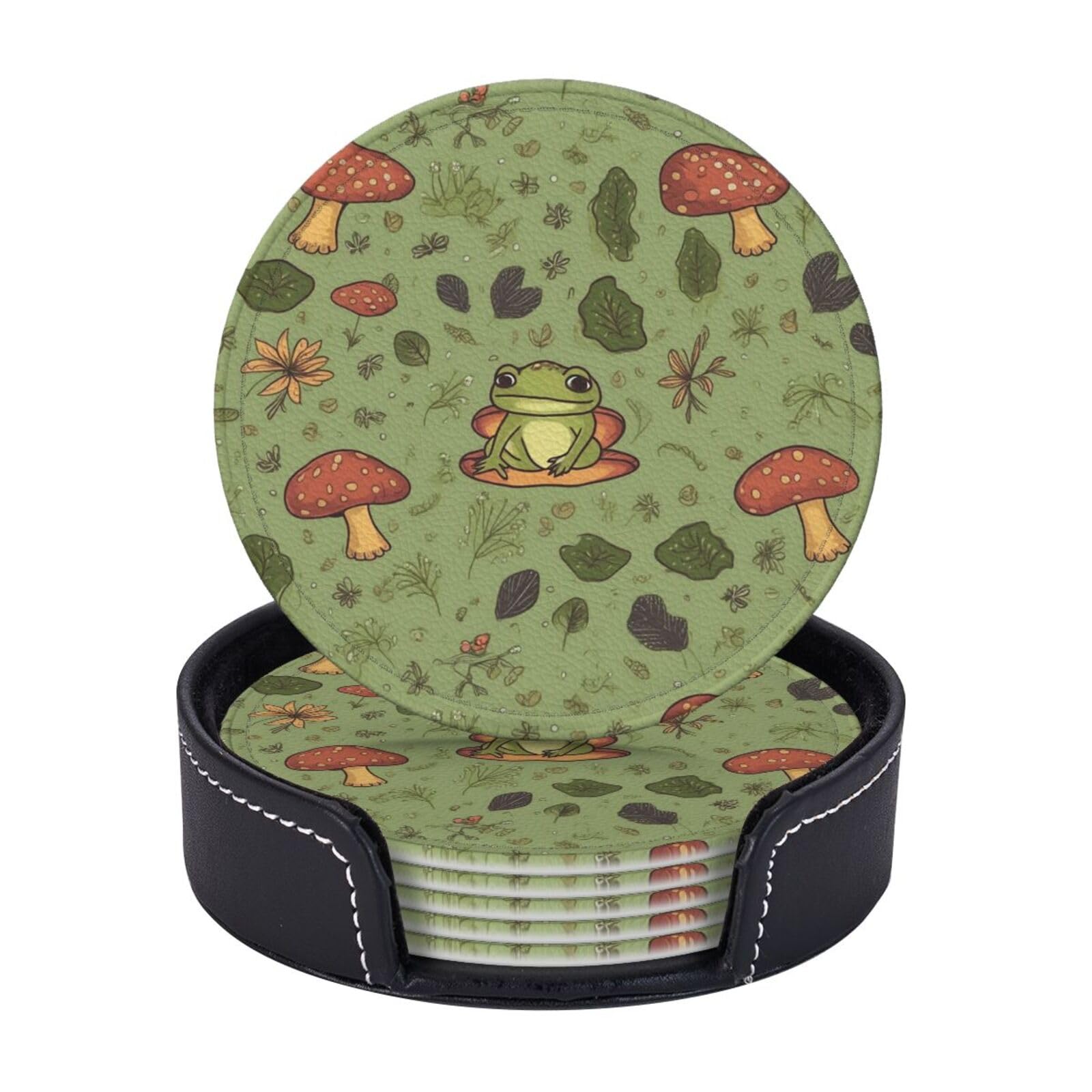 6PCS Drink Coasters with Holder, 4" Leather Coasters for Drinks, Frogs and Mushrooms Cup Coasters for Coffee Table Decor, Non-Slip Drinking Cup Mat for Hot or Cold Drink