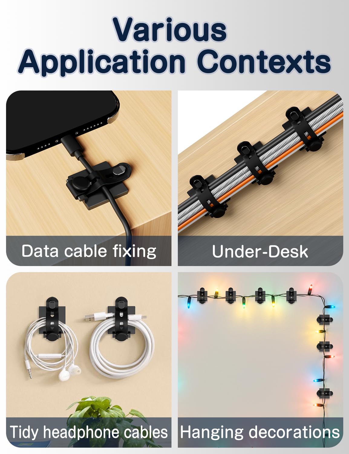 Viaky verstellbare Kabelclips, Kabel-Management, unter dem Schreibtisch mit selbstklebenden Halterungen, Kabelbinder, Mehrzweck-Kabelhalter, Kabelhalter zum Aufhängen von Schreibtisch, Auto-Wand, 10