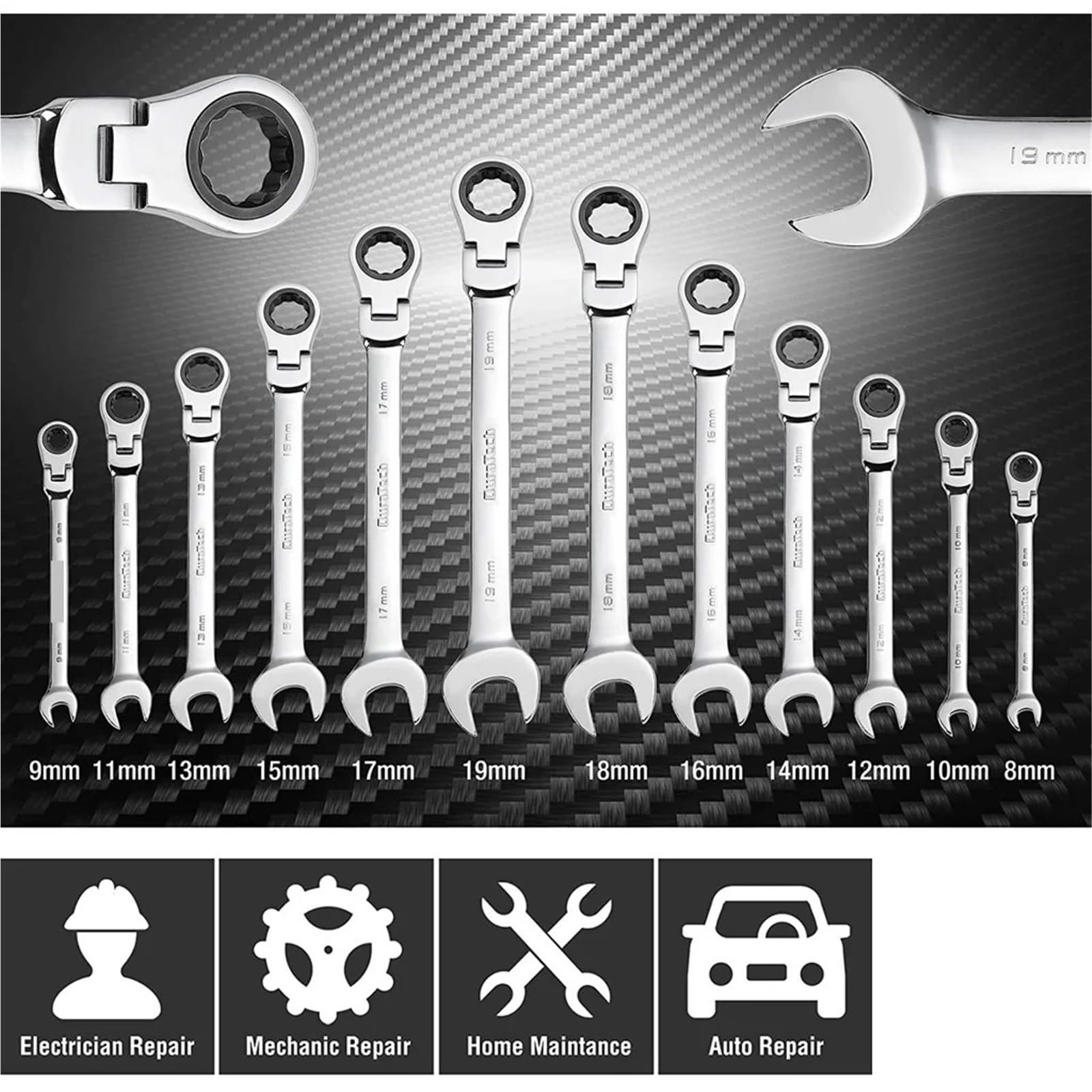 Telescopic Ratchet Zestaw kluczy grzechotkowych Narzędzia Zestawy pełnych płaskich Motoryzacyjny Mechaniczny ręczny moment obrotowy Samochód klucz dynamometryczny(14pcs)