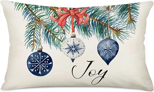 Christmas Joy - Fundas de almohada de 12 x 20 pulgadas, diseño de copo de nieve de invierno, hojas de abeto, cascabel, fundas de almohada lumbar,