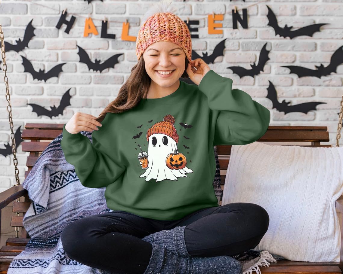 ASTANFY Halloween Sweatshirts for Women Ghost Pumpkin Long Sleeve Shirt Coffee Lover Graphic Tees Fall Spooky Pullover Tops - Image 4