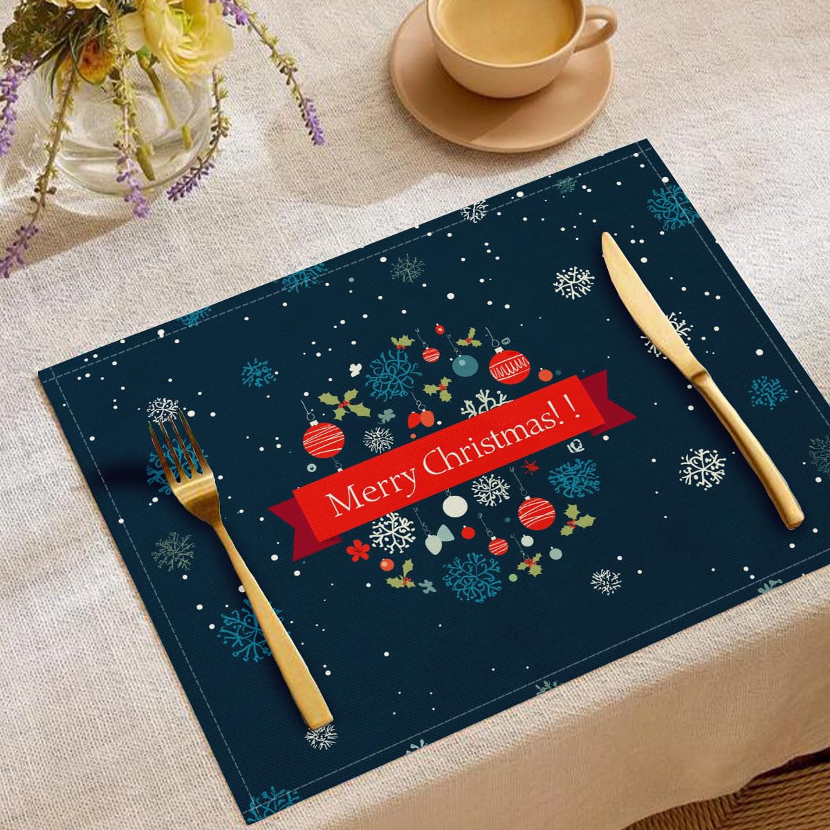 Set di 8 Tovagliette Natalizie, 45x30 cm Sottopiatti Natalizi Americane, Tovaglietta Natalizia, Cartone Animato Sfera Natale Fiocchi Di Neve Sottopiatto Lavabili Lino Tessuto Set