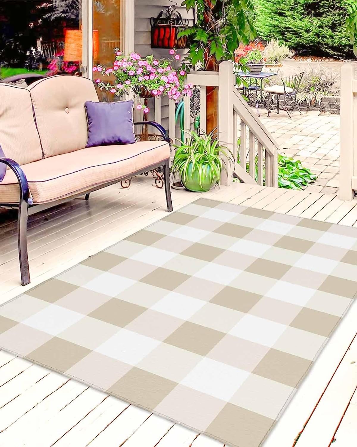 Outdoor Rug 4x6 ft Brown White Plaid Outdoor Large Area Rug Non Slip Rubber Simple Style Washable Front Door Mat RV Rug Camping Carpet Patio Outdoor Rugs for Backyard Balcony Deck Porch Indoor
