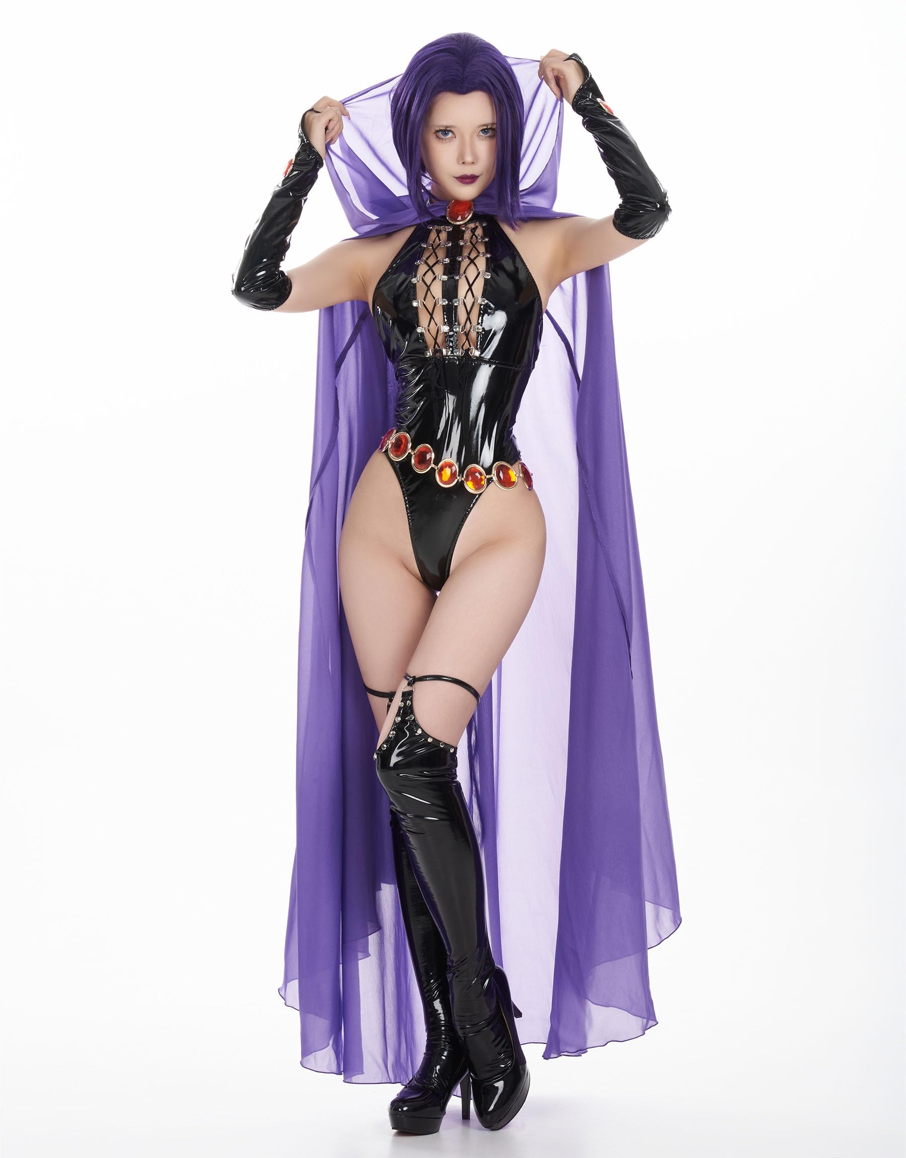 MEOWCOS Bodysuit Women One Piece Babydoll Gothic Halter Backless Front Hollow Bodysuit with Cloak and Chain: Large Black and Purple