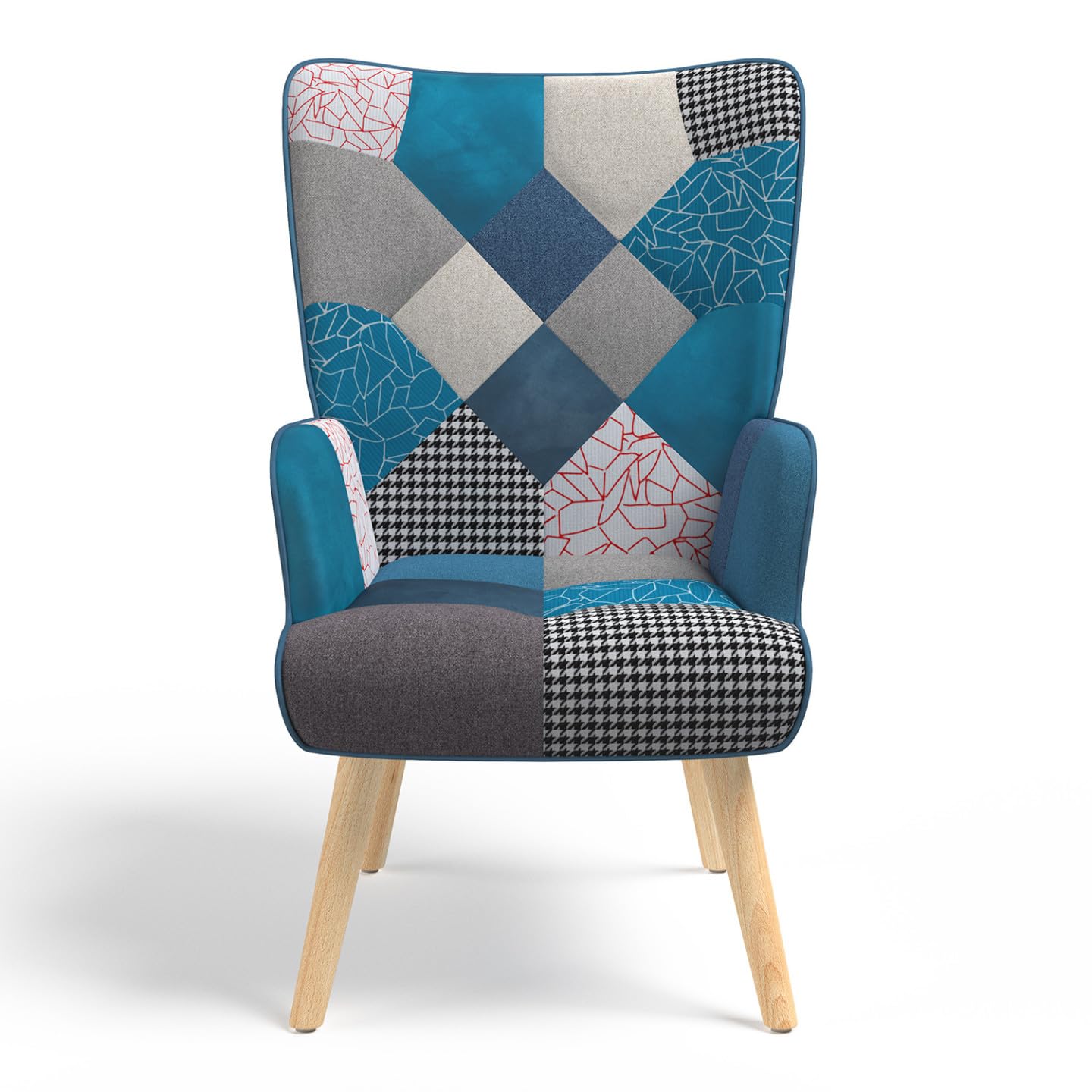 IDMarket - Fauteuil scandinave Ivar en Tissu Patchwork et Velours Bleu