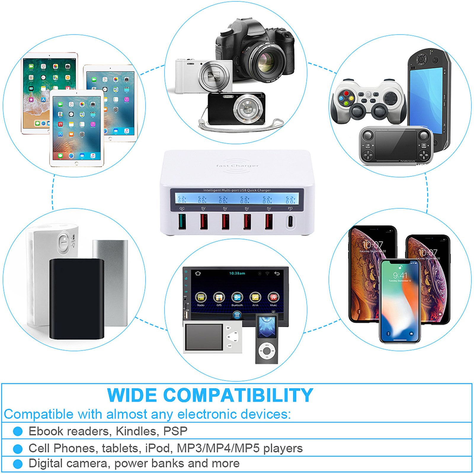 40W Usb Caricatore Del Telefono Cellulare 6 Porte Caricabatterie Rapido Qc3.0 Pd Display Lcd Stazione di Ricarica per Telefono Cellulare Tablet,White