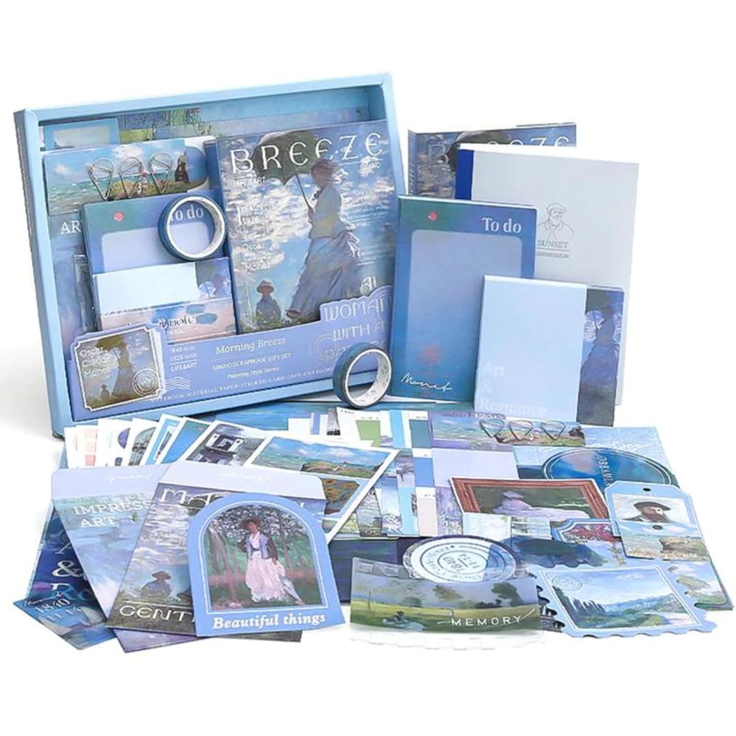 VIBE VISTA Vintage Aesthetic Scrapbook Kit, 346 Pcs, A6 Grid Notebook, Washi , Envelopes, Papers, Folding Labels, Background Papers, Photo Frames, Calendar Stickers (Morning Breeze, Blue)