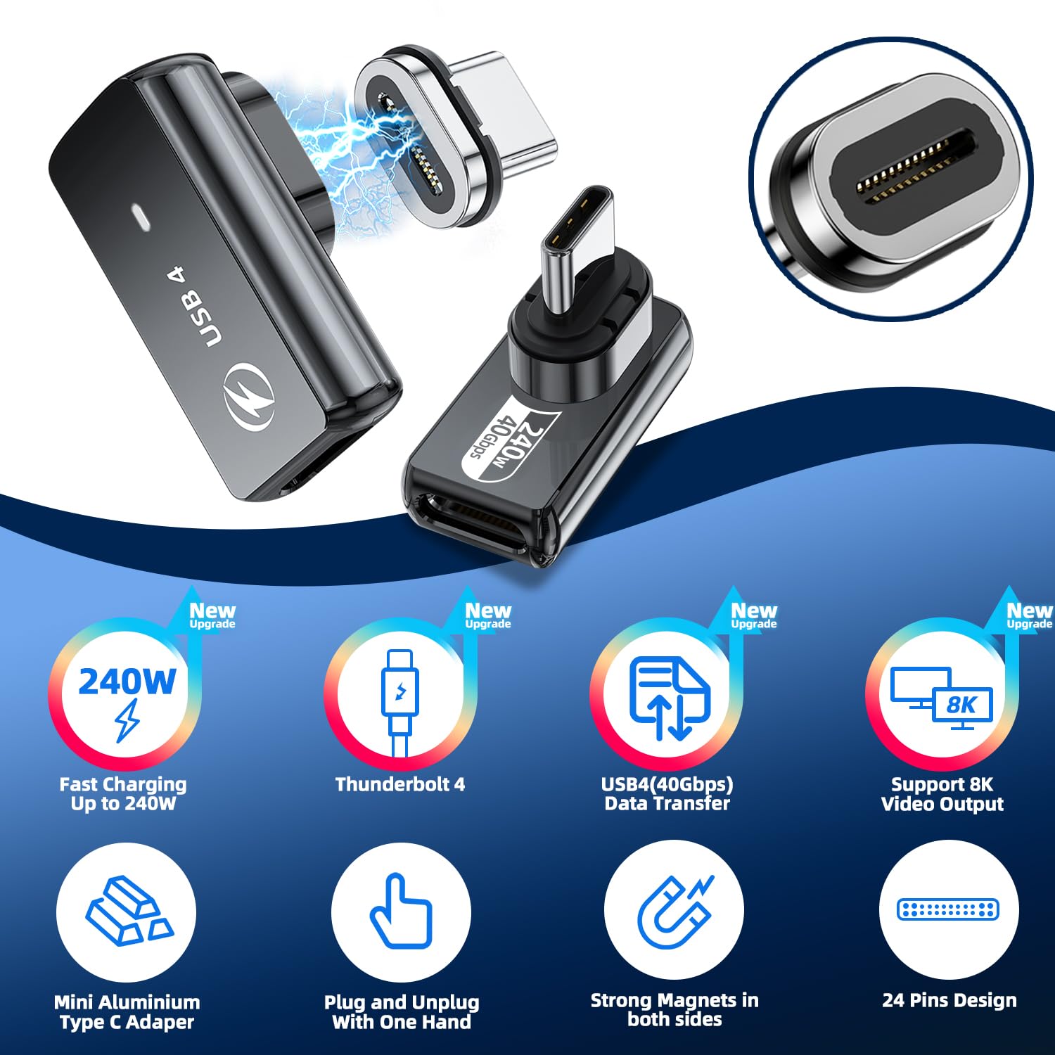 Adattatore magnetico USB-C 240 W (2 pezzi) adattatore magnetico USB-C a 90 gradi, 24 pin, con ricarica rapida PD, USB 4, 40 Gbps, 8 K, 60 Hz per Thunderbolt 3/4, MacBook Pro/Air e altri dispositivi di
