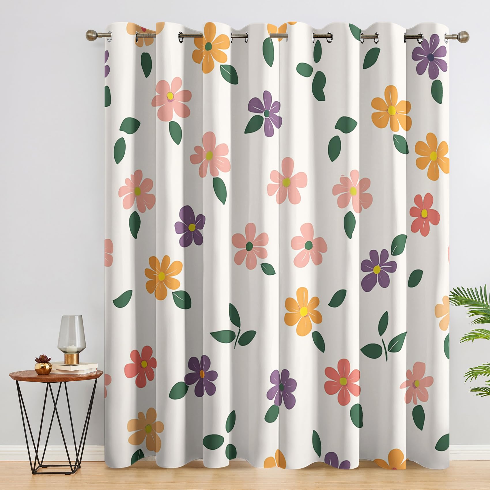 Floral Curtains Bedroom, 90 x 108 - Flower Botanical Simple Blackout Curtains & Decor, Living Room, Eyelet Patterned Window Drapes, 108 Inch Drop 2 Panels （HEW194）