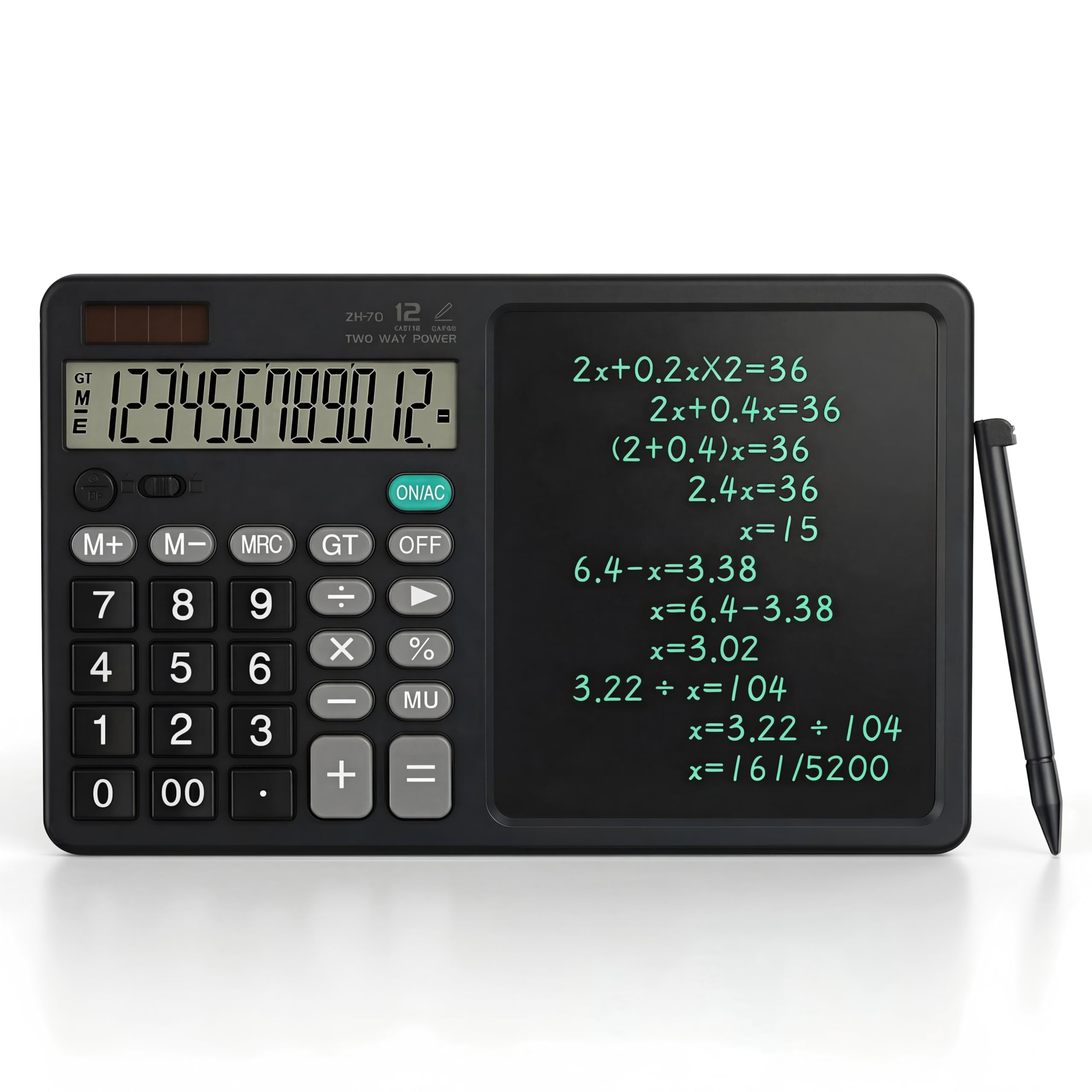 Desk Calculator with Erasable Writing Pad, 12-Digit Wide Screen Display, 100,000+ Reusable LCD Notepad, One-Click Clear & Lock Function, Solar and