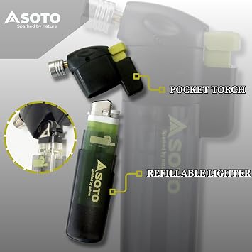 SOTO Pocket Torch Refillable Butane Lighter for Camping - Shipped Empty | Compact Windproof Pocket Lighter, Adjustable Flame, Durable and Portable for Camping, Hiking, BBQs, DIY Projects