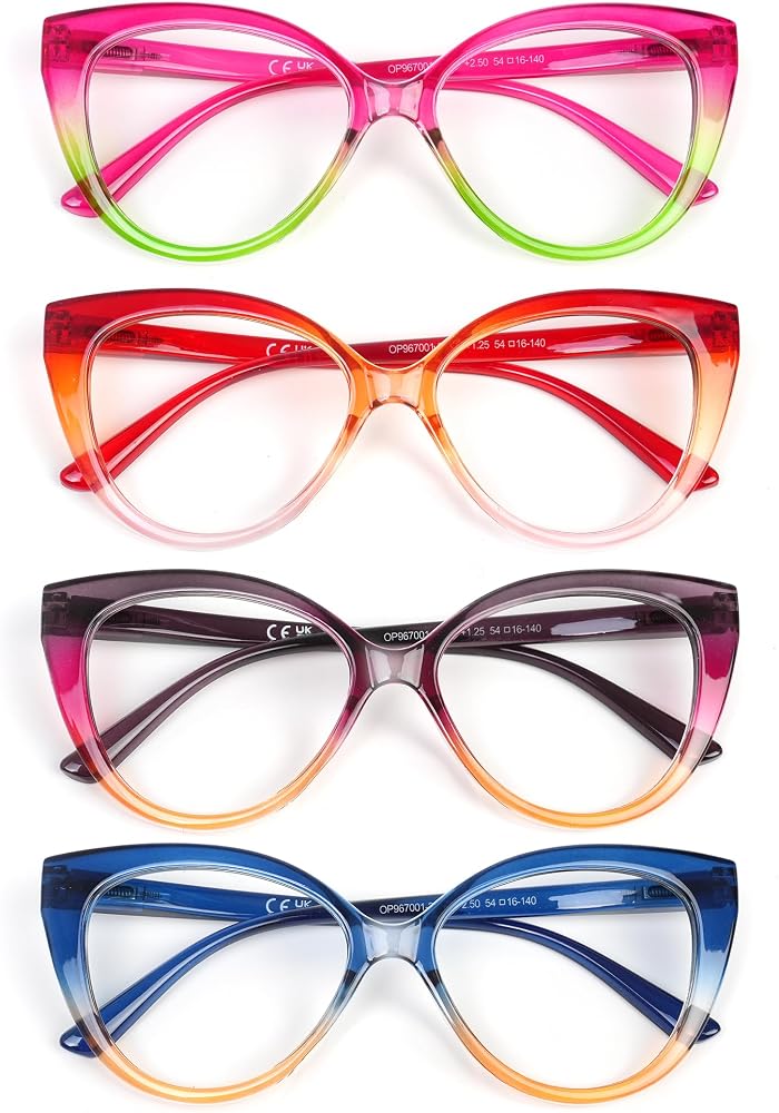 Reading Glasses for Women 4 Pack Blue Light Blocking Filter UV Oversized Cat Eye Stylish Spring Hinge Readers, 4Cat-5, 1.50