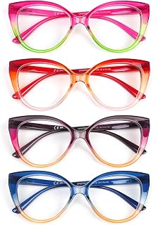 Reading Glasses for Women 4 Pack Blue Light Blocking Filter UV Oversized Cat Eye Stylish Spring Hinge Readers, 4Cat-5, 1.0