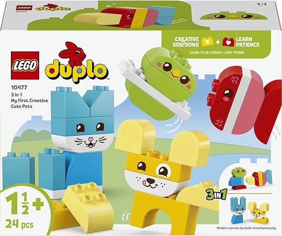 LEGO DUPLO İlk 3'ü 1 Arada Yaratıcı Sevimli Hayvanlar 10477-1.5 Yaş ve Üzeri Çocuklar için Köpek, Kedi ve Tavşan Dahil 8 Hayvan Oluşturma Seçeneği İçeren Oyuncak Yapım Seti, Hediye Fikri (24 Parça)