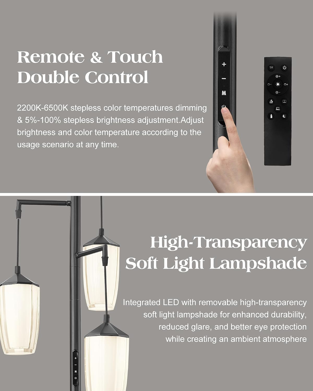 ELYONA Modern Dimmable Floor Lamp, 3-Light Standing Lamp with Remote & Touch Control, Stepless Adjustable 2200K-6500K Colors & Brightness 24W LED Reading Light for Bedroom Living Room Office, Black