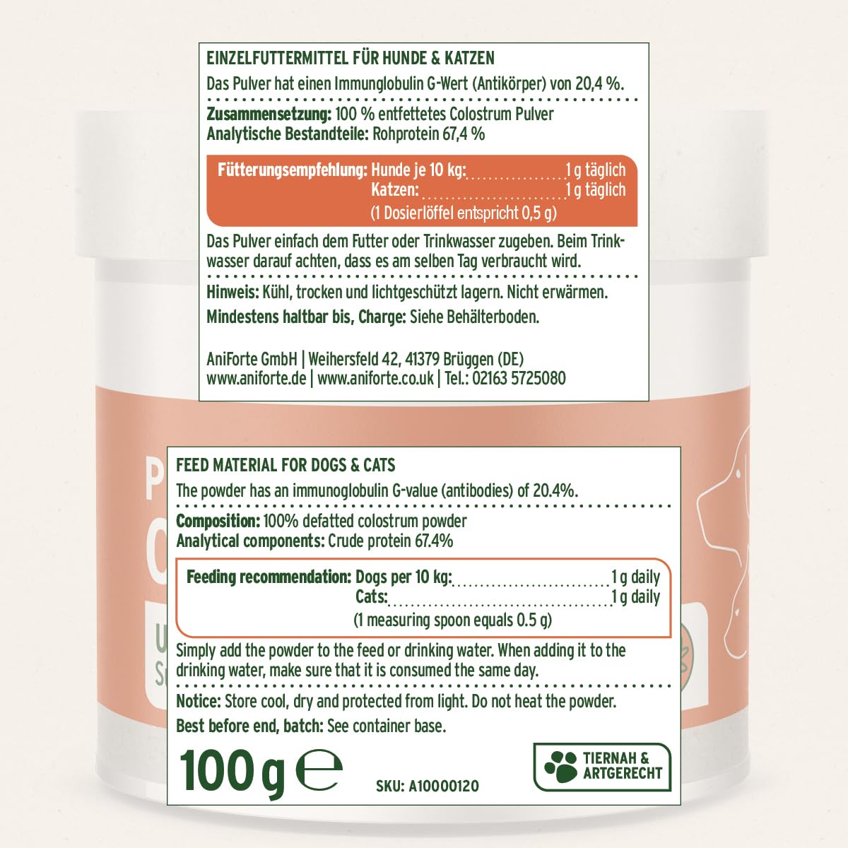 AniForte Premium Colostro per cani e gatti 100g di polvere - Primo latte naturale, supporta il sistema immunitario e il tratto gastrointestinale, immunoglobulina G in qualità alimentare, colostro