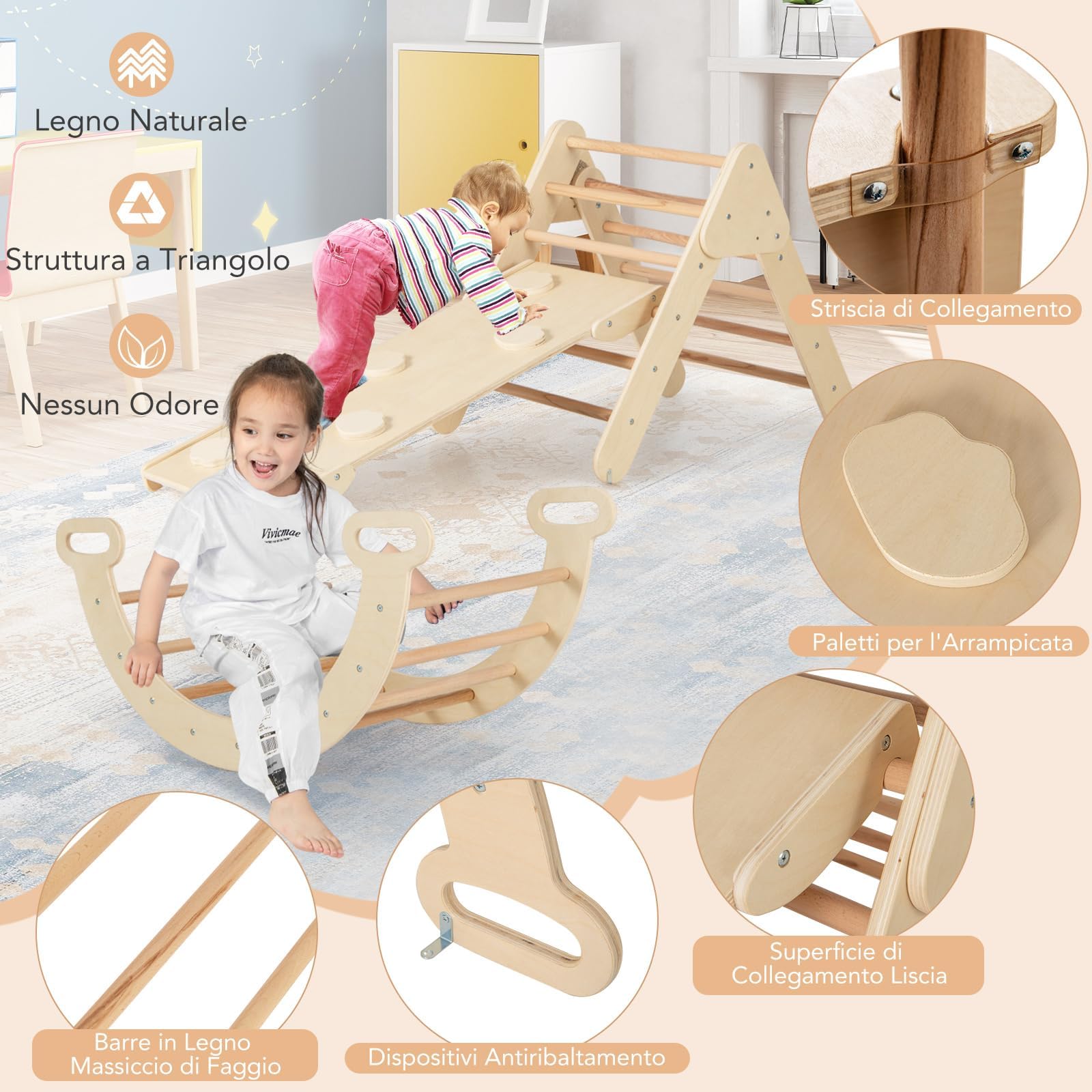 COSTWAY 4 in 1 Set da Arrampicata per Bambini, Giocattoli da Arrampicata a Triangolo con Triangolo Arco e Salita, Ideale per Bambini 1 Anni + (Naturale)