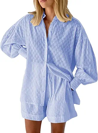 HAPCOPE Women's 2 Piece Outfits Oversized Long Puff Sleeve Blouse Shirt High Waisted Side Pocket Shorts Set