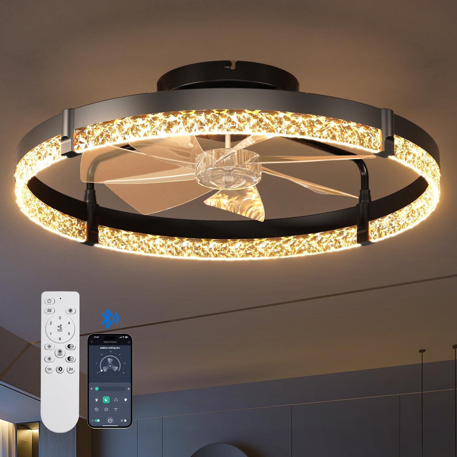 addlon 24" Low Profile Fandelier Ceiling Fans with Lights and Remote, Black