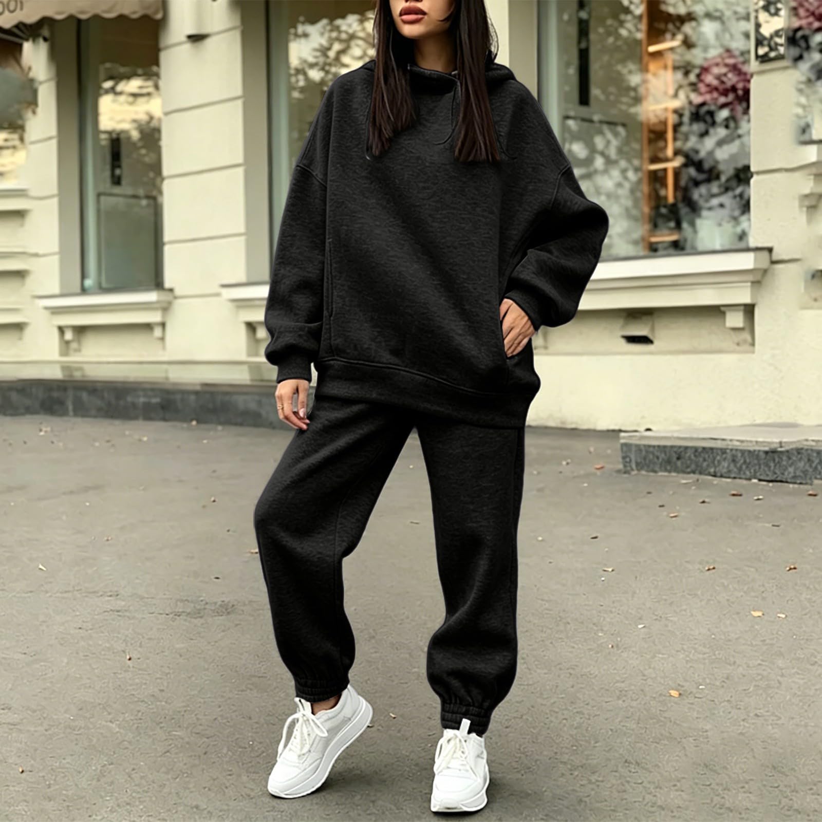 Tuta da jogging da donna, taglie forti, tuta lunga da donna | Tuta sportiva con cappuccio e pantaloni da jogging, vestibilità regolare, due pezzi, casual, streetwear, baggy