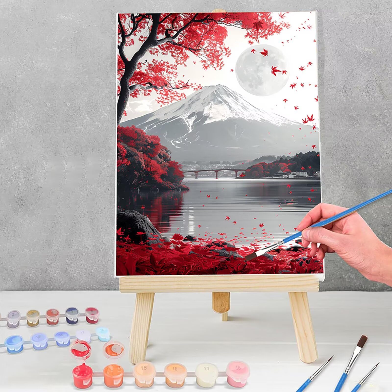 Mount Fuji Malowanie według numerów dla dorosłych z ramą, malowanie według numerów krajobraz, DIY DIY dla dorosłych, malowanie według liczb dla dorosłych zestaw z farbami akrylowymi i pędzlami