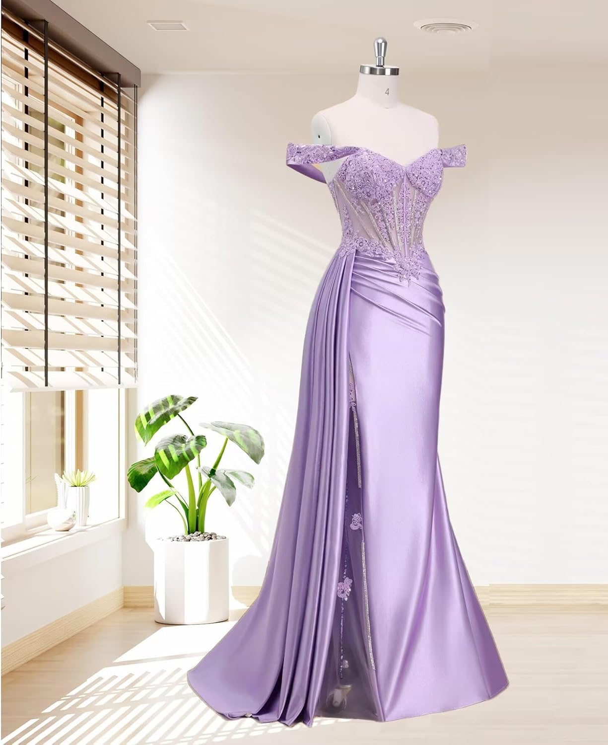 Tsbridal Off Shoulder Satin Prom Dresses for Women Beaded Lace Mermaid Formal Dress Pleated Evening Gown with Slit