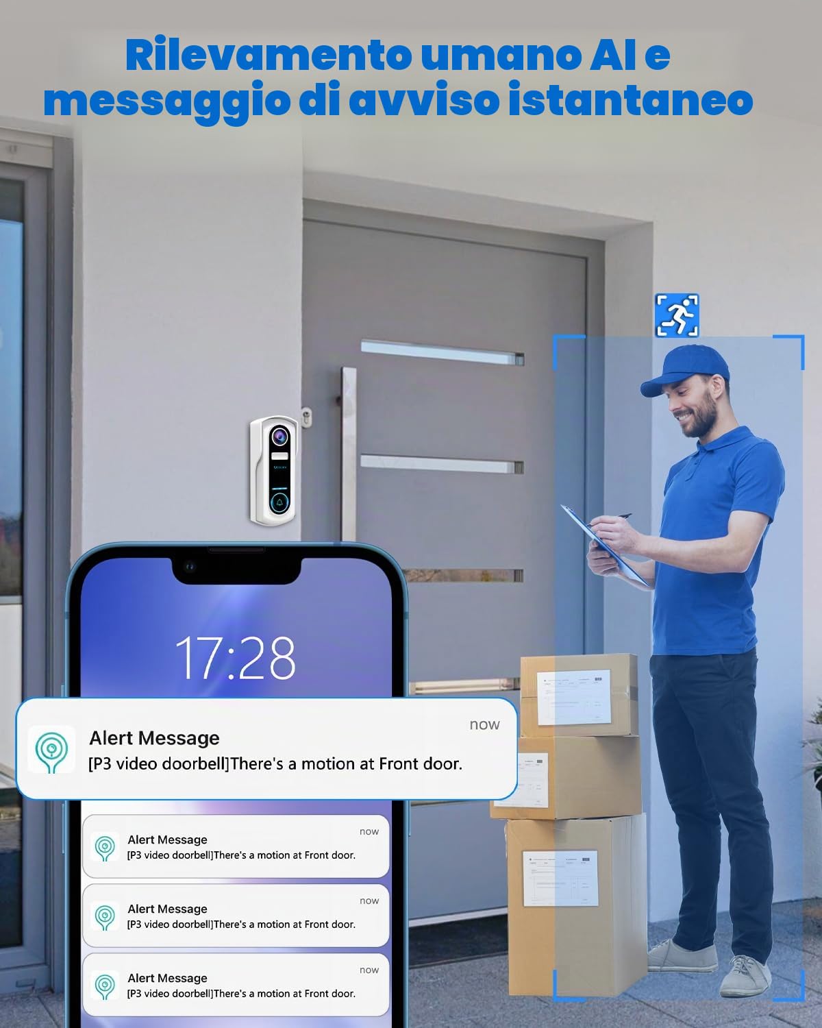 UCOCARE 2K/4MP Campanello Senza Fili da Esterno, Citofono Senza fili da Esterno Wifi Campanello Video, Citofono Telecamera, Alimentato a Batteria, Rilevamento Movimento, IP67 (Campanello USB)